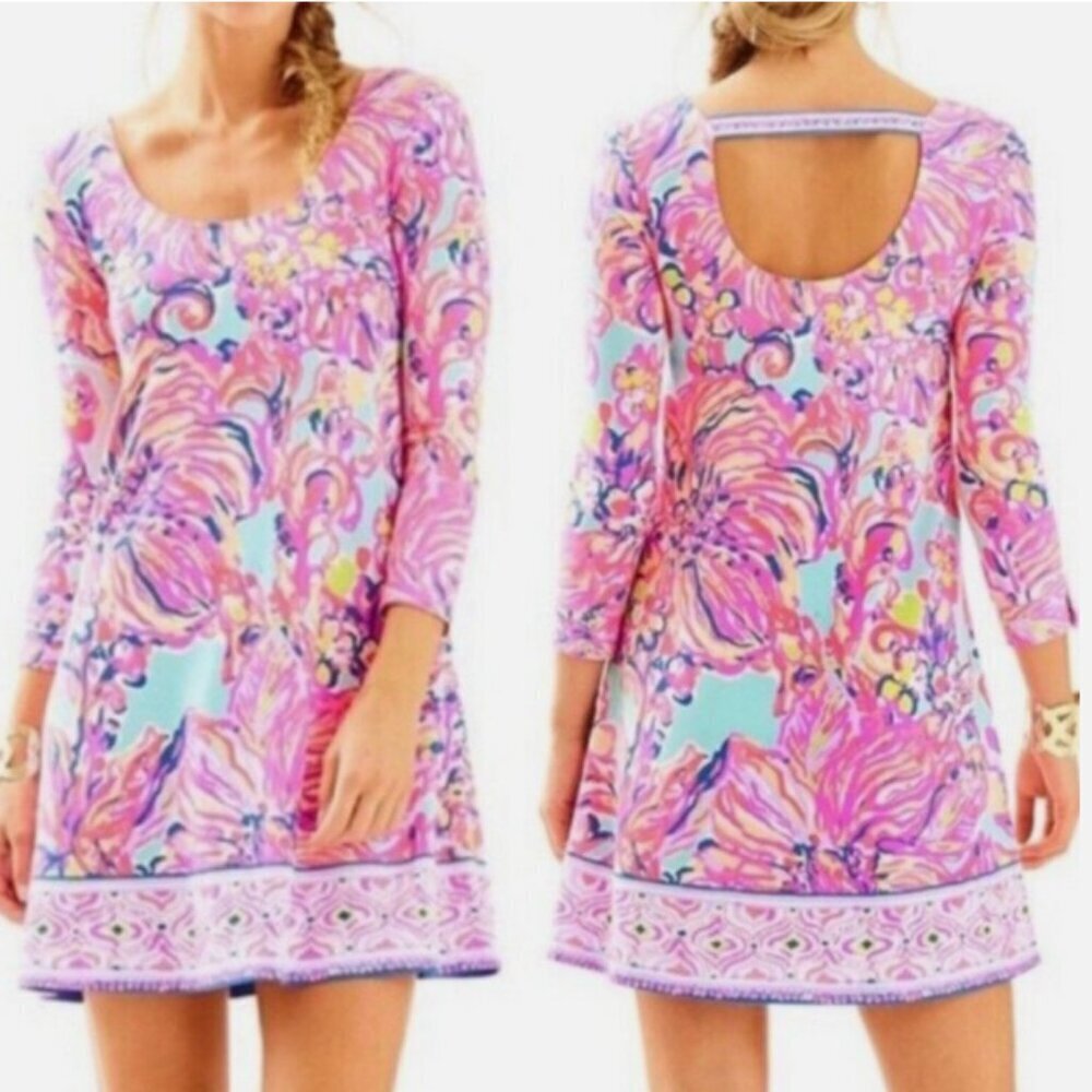 Lilly Pulitzer Emma Dress Blue Big Escapade Open Back Pink Floral Size Medium